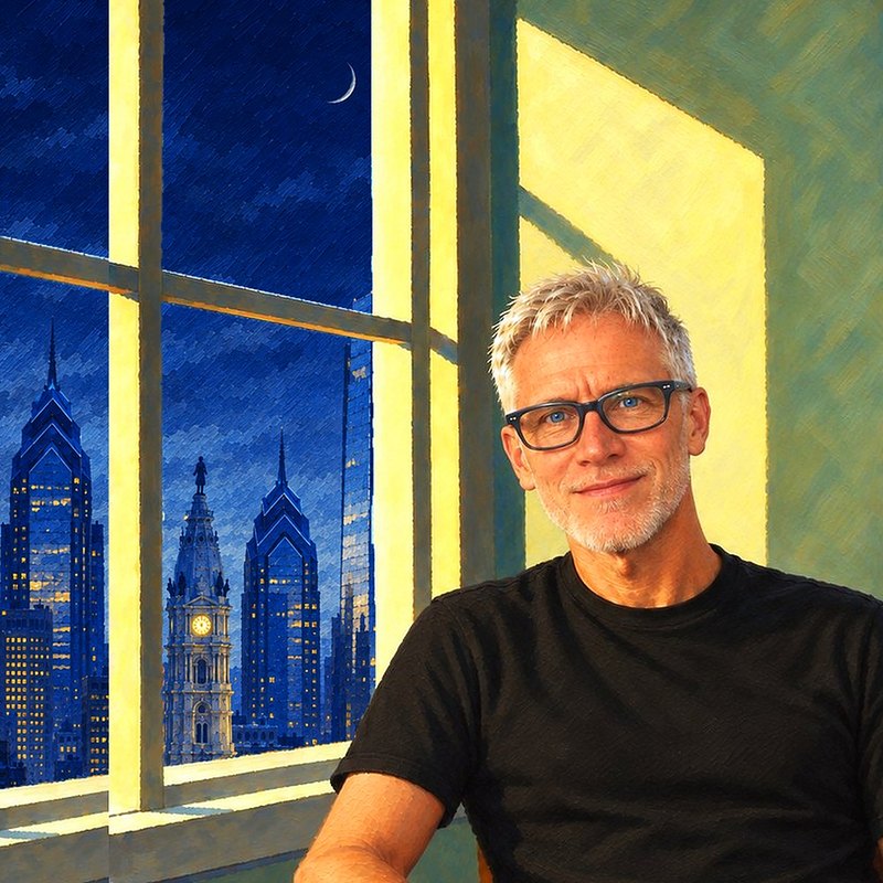 Painterly portrait of James Mulhern seated by a tall window overlooking the Philadelphia skyline at night